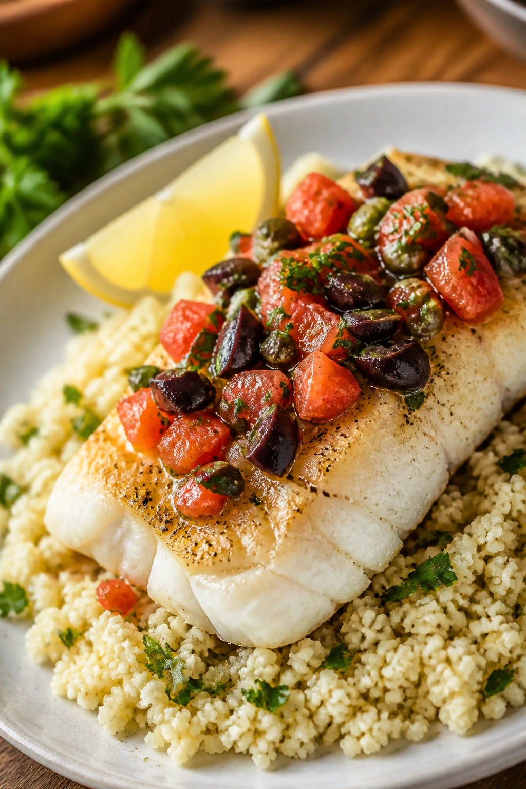 Cod fillet with tomato-olive relish and couscous on a plate
