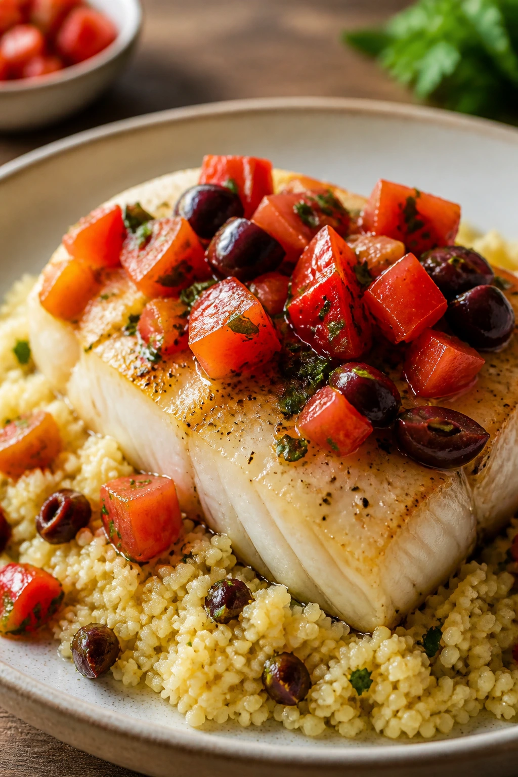 Cod fillet with tomato olive relish served over couscous.