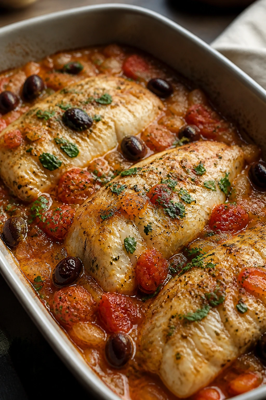 Close-up of cod fillet with tomato sauce and olives in a baking dish