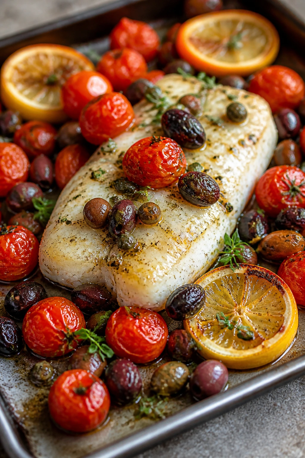 Cod fillet with tomatoes and olives on a sheet-pan