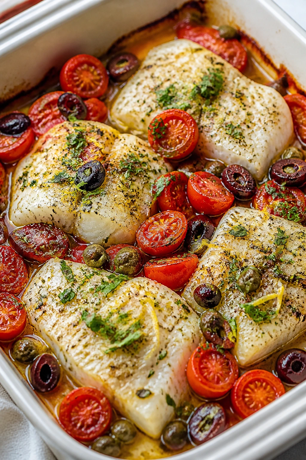 Baked cod with tomatoes and olives in a baking dish