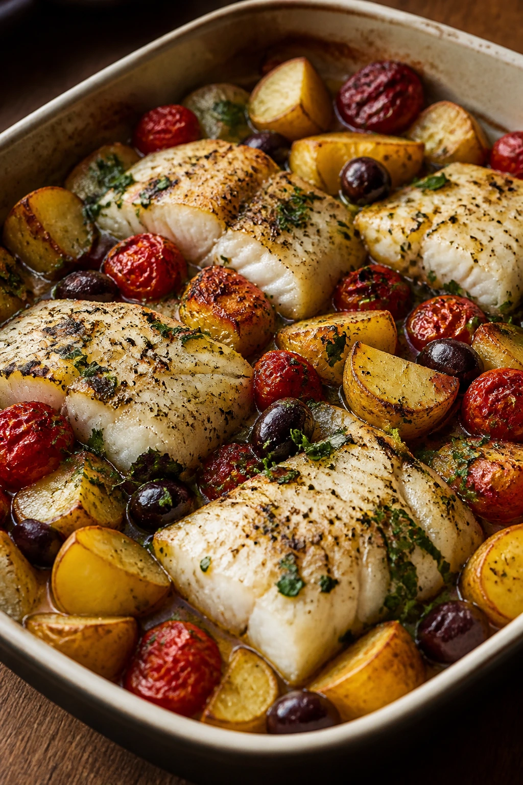 Cod baked with tomatoes olives and potatoes in a pan