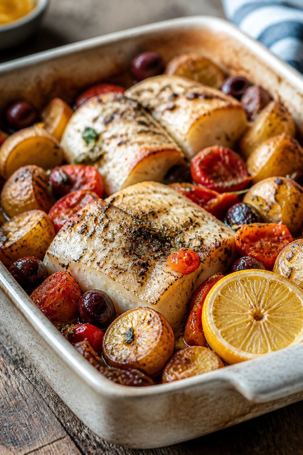 Close-up of baked cod with tomatoes olives and potatoes