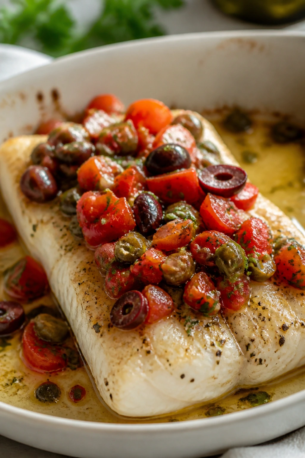 Close-up baked cod with tomato-olive relish