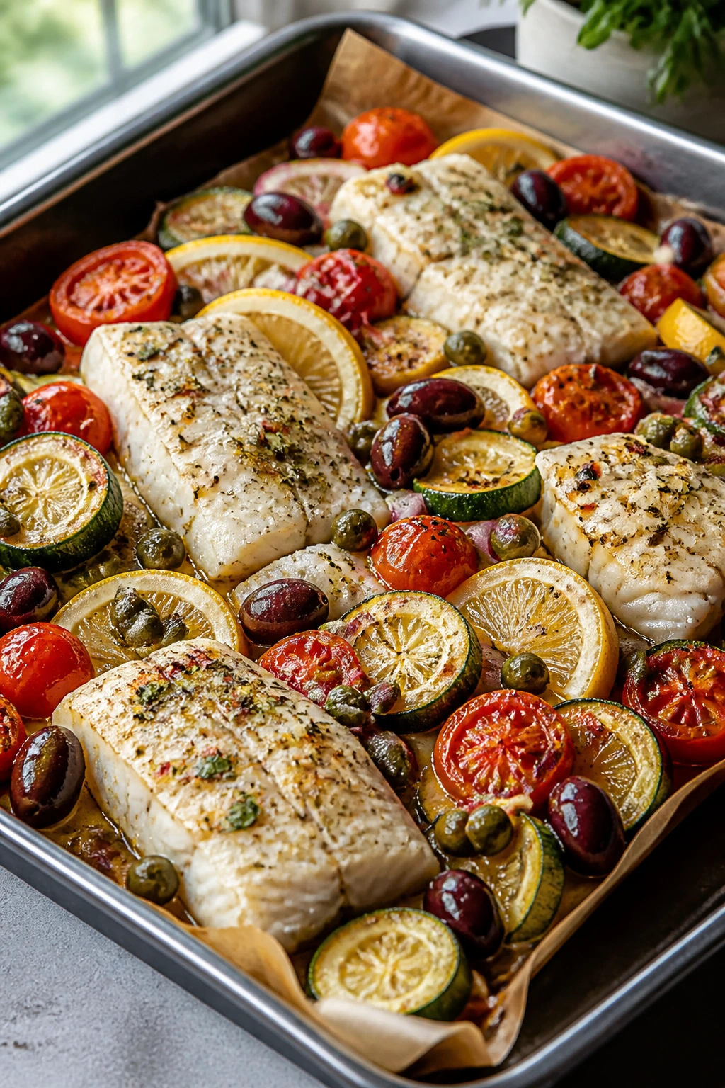 Sheet pan Mediterranean cod bake with vegetables