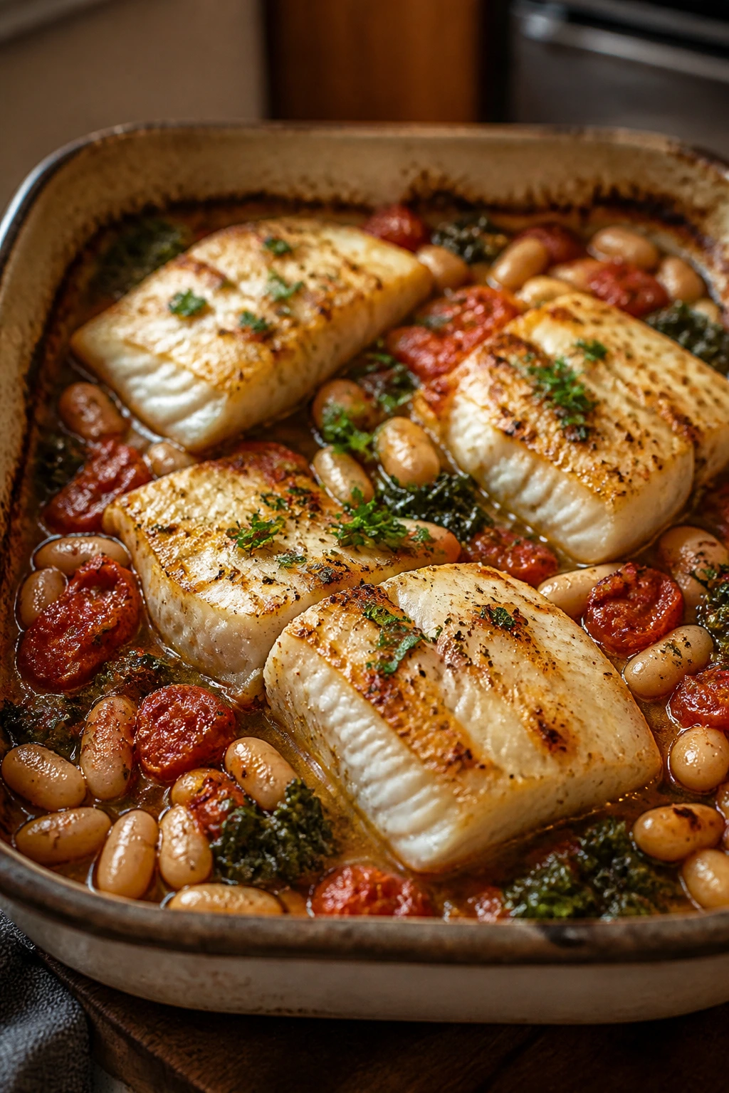 Close-up of cod over white beans with tomatoes and kale in a baking dish