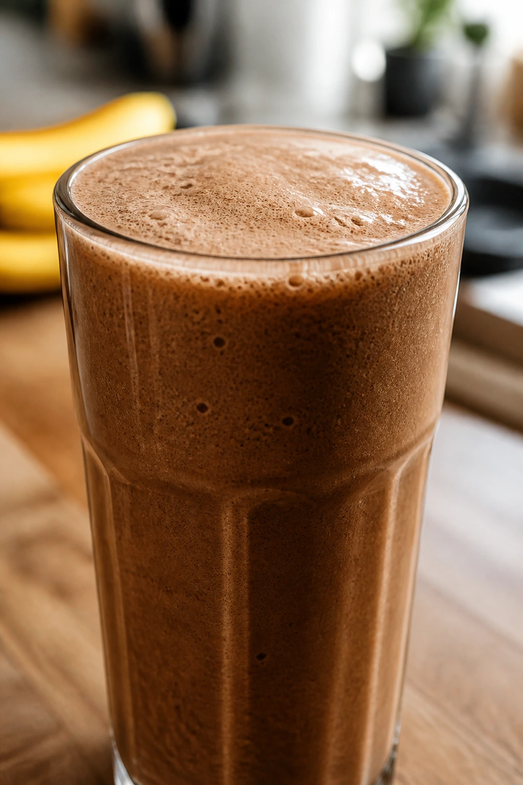 Frothy coffee banana protein smoothie in glass in modern kitchen