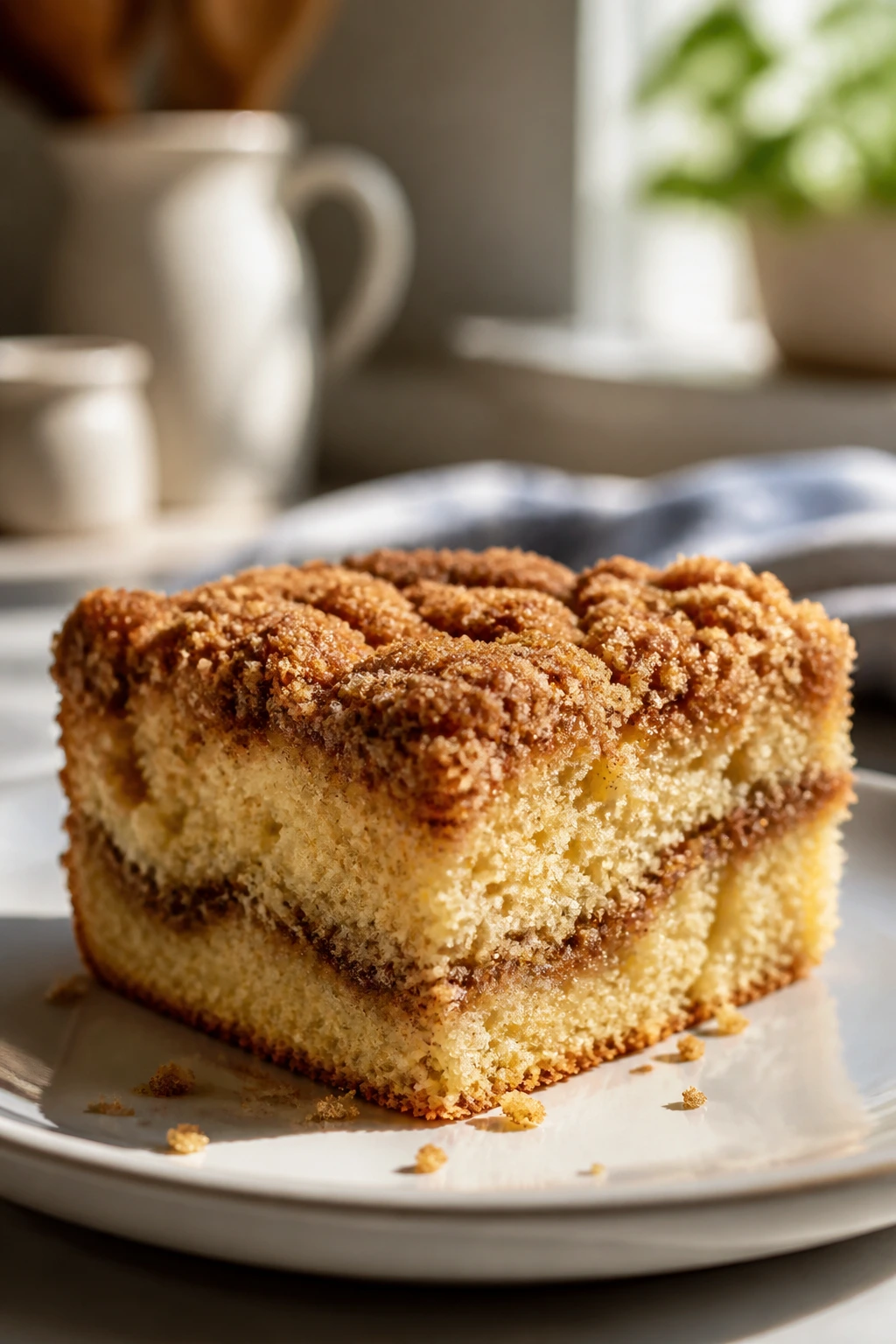 Close-up of Buttermilk Coffee Cake slice with cinnamon streusel on a plate