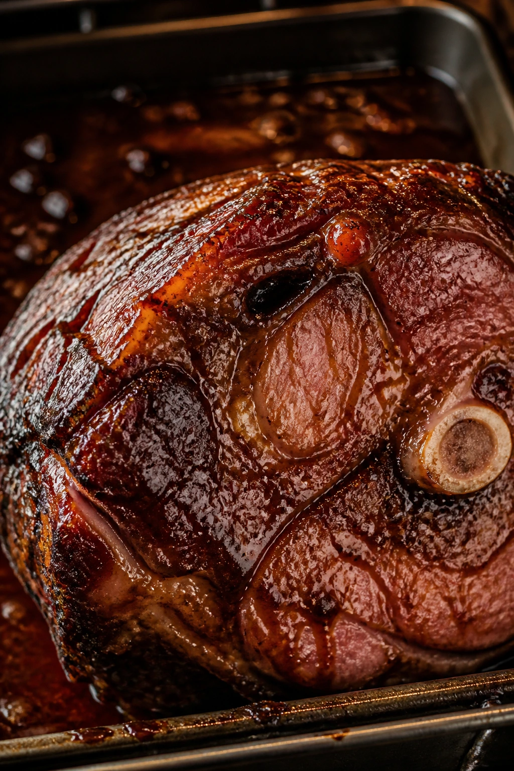 Close-up of coffee cocoa glaze on roasted ham