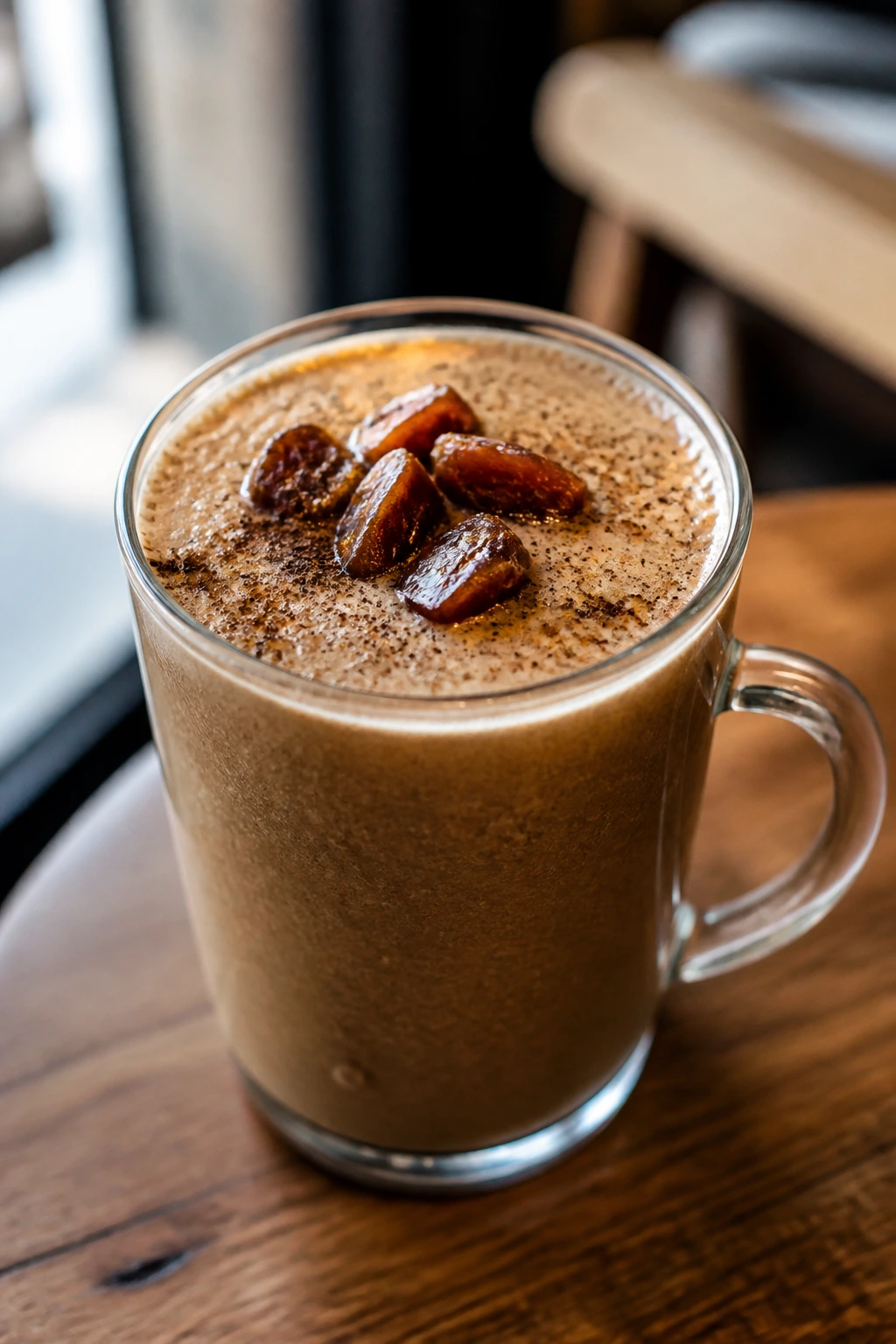 Close-up of Coffee Date Shake in a glass mug on a cafe table
