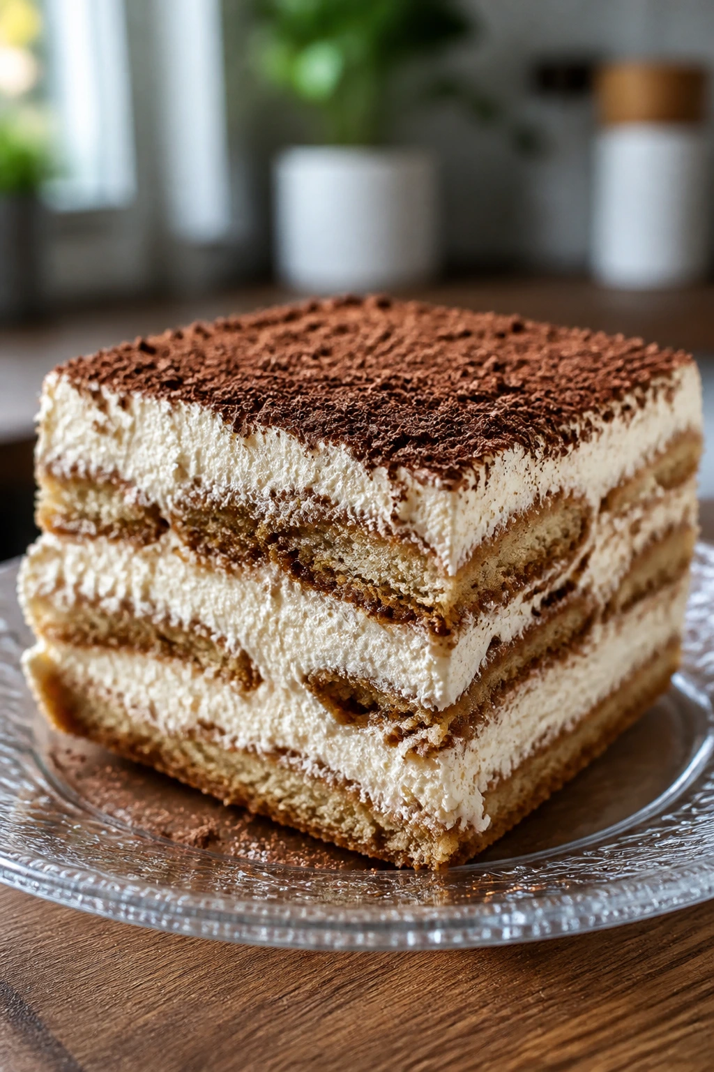Close-up of a thick coffee icebox cake slice on a glass plate in a kitchen