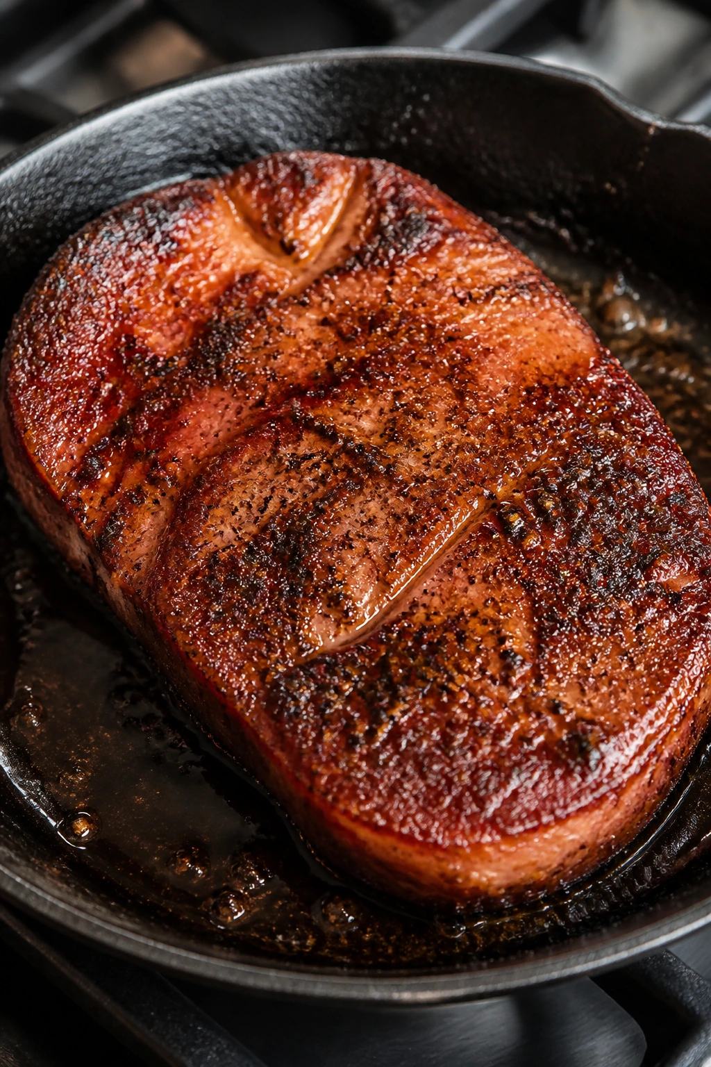 Coffee-rubbed ham steak with pan drippings
