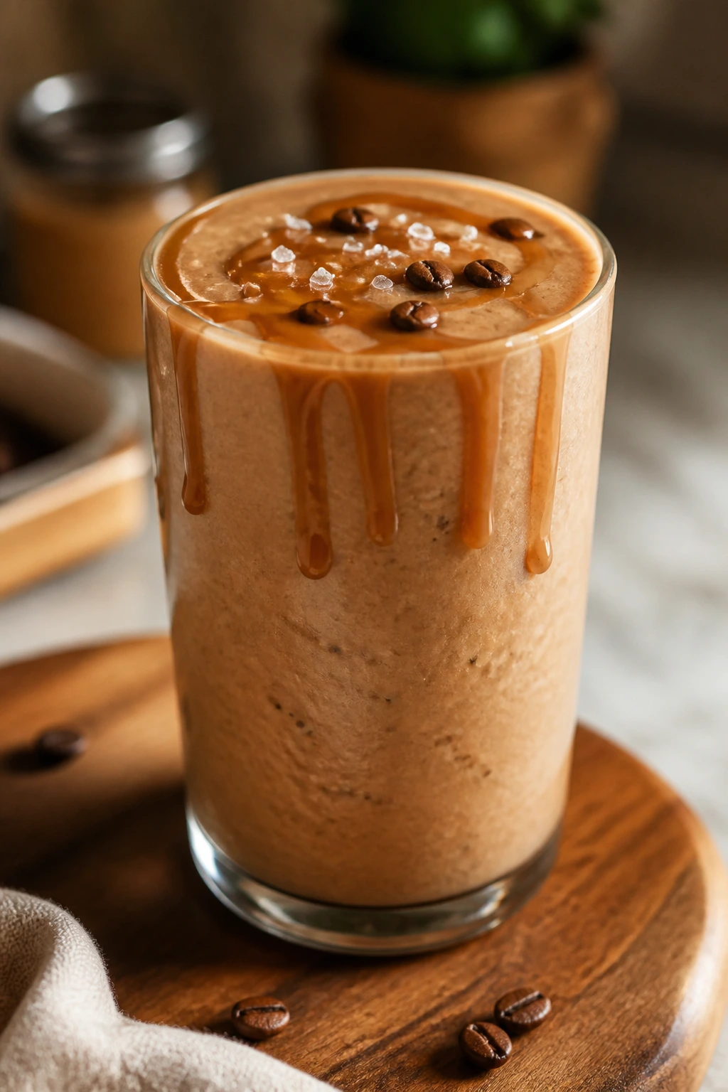 Glass of Salted Caramel Coffee Smoothie on a warm kitchen counter with caramel tones.