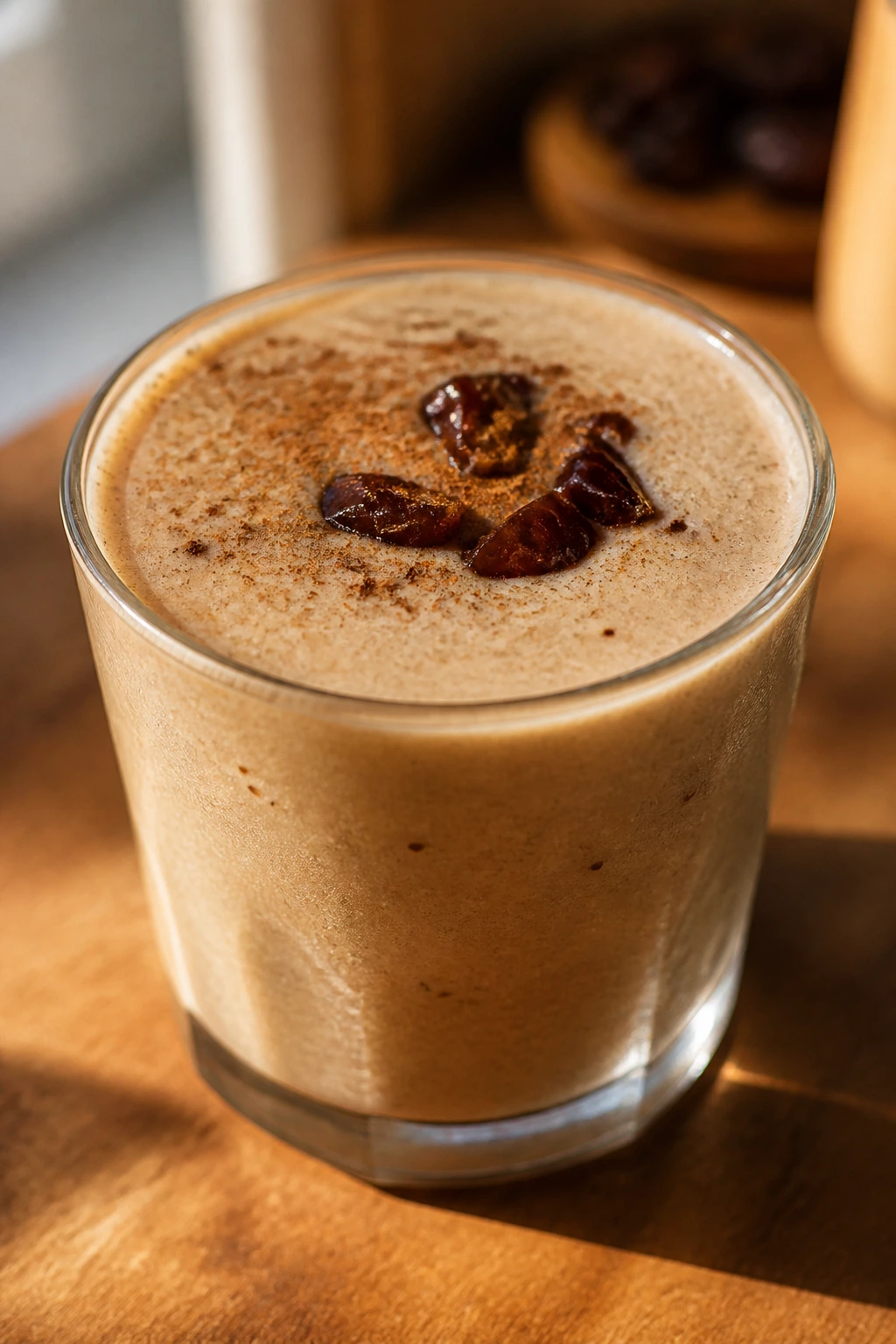 Close-up of Coffee Date Tahini Smoothie in glass on wooden counter