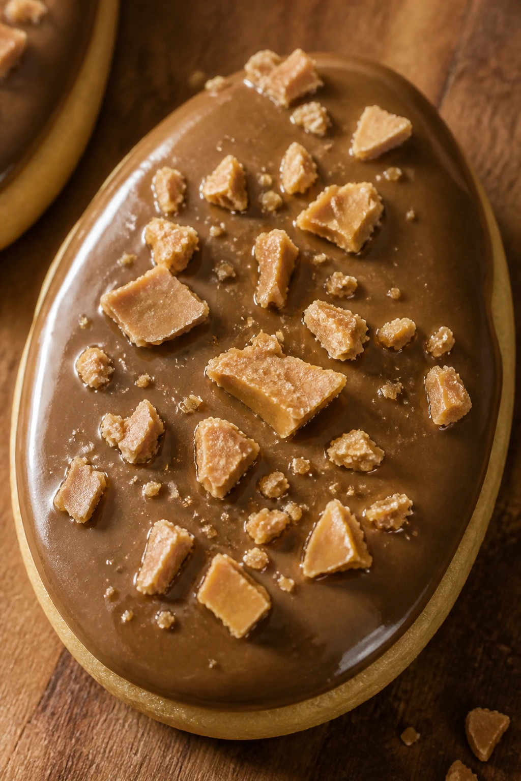 Close-up of a coffee toffee Easter egg cookie with toffee bits on a wooden surface