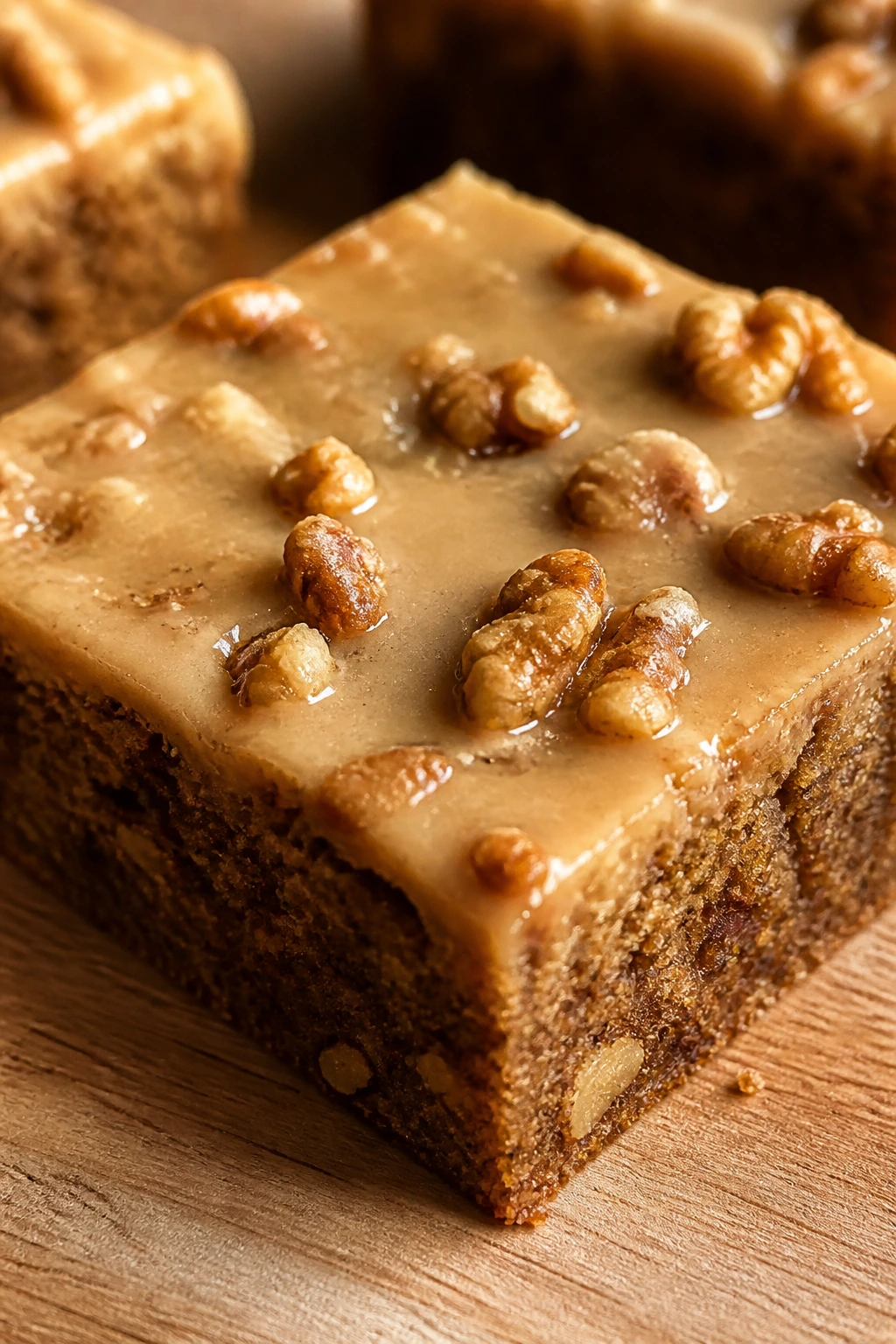 Close-up of coffee walnut bars with glaze