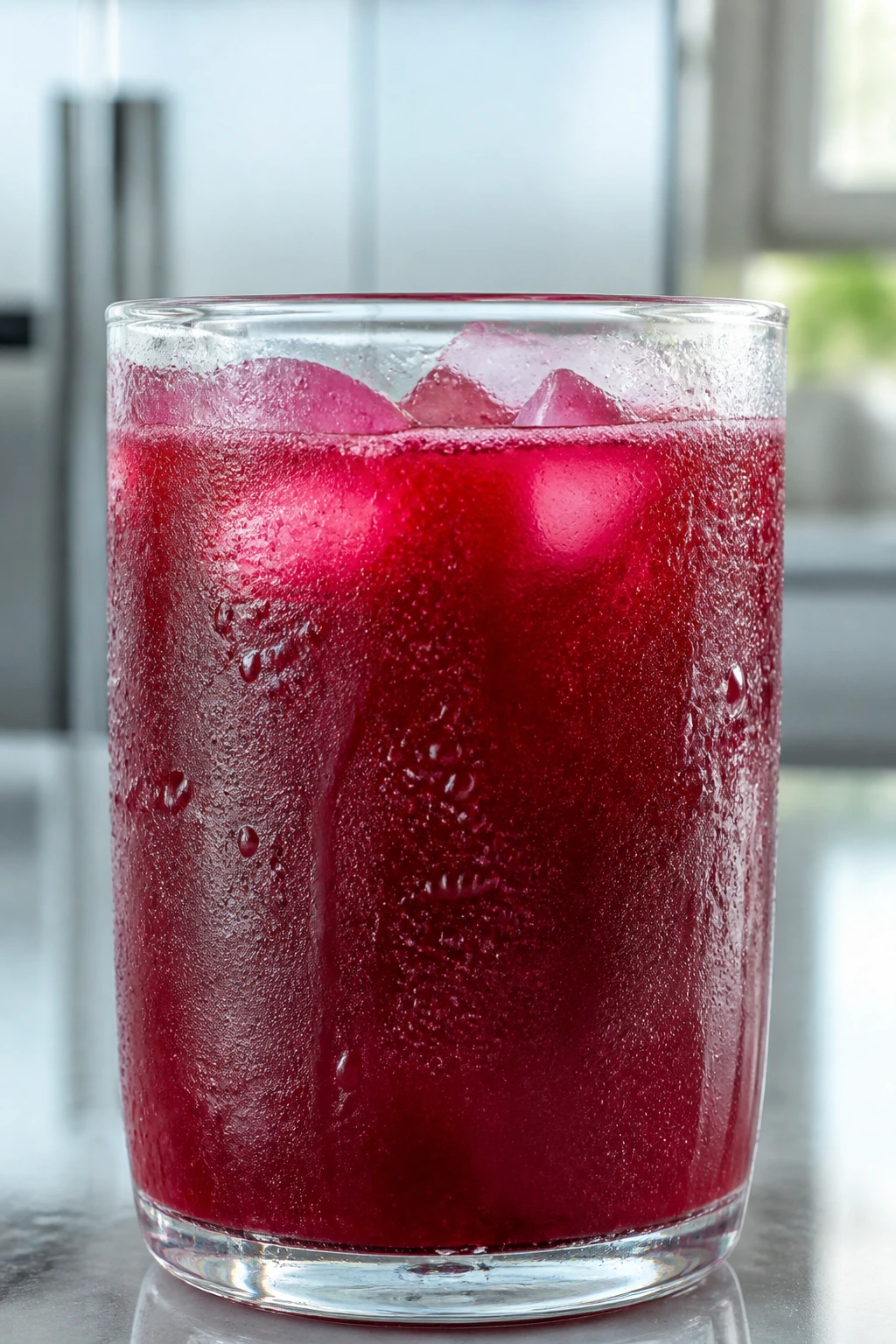 Condensed glass of cold beet juice with ice on a kitchen counter