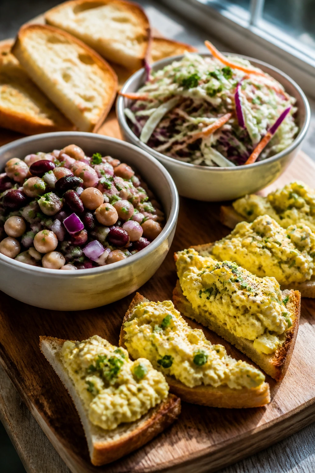 Assorted cold bite foods on a wooden board including egg salad toast points and slaw