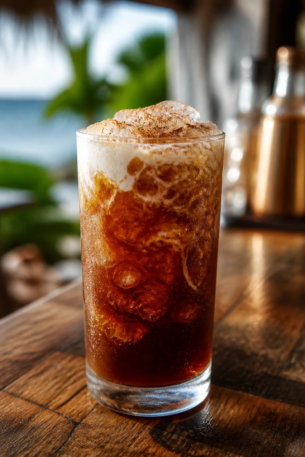 Close-up of a cold brew coconut rum cocktail in a tall glass on a rustic bar