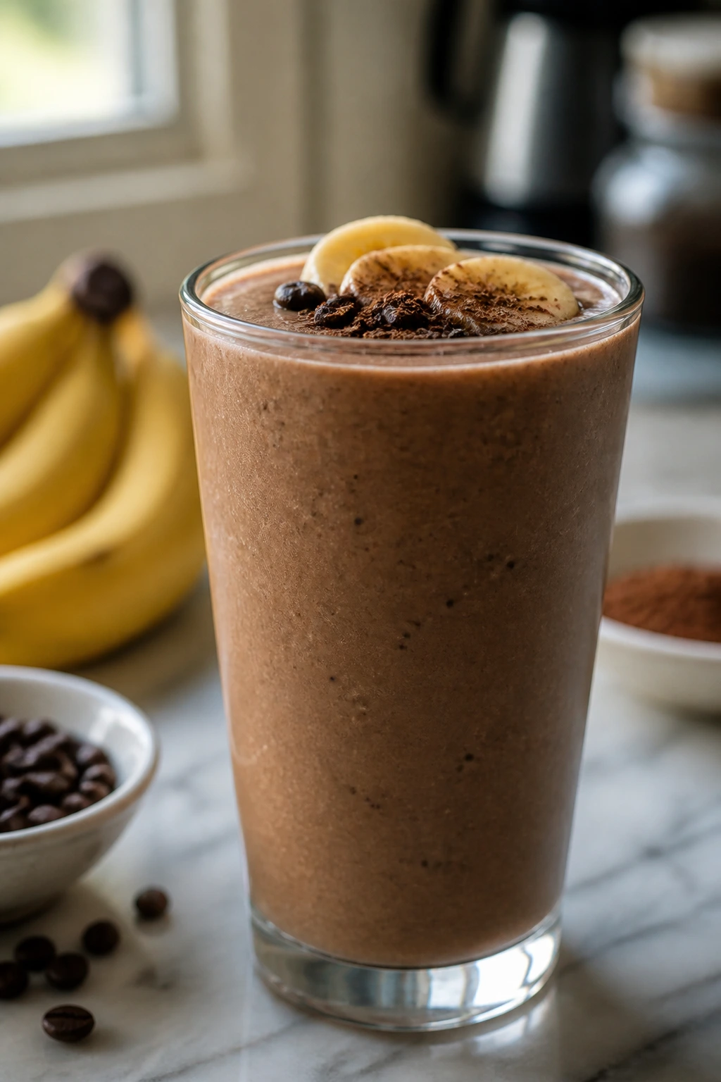 Cold brew mocha banana smoothie in glass