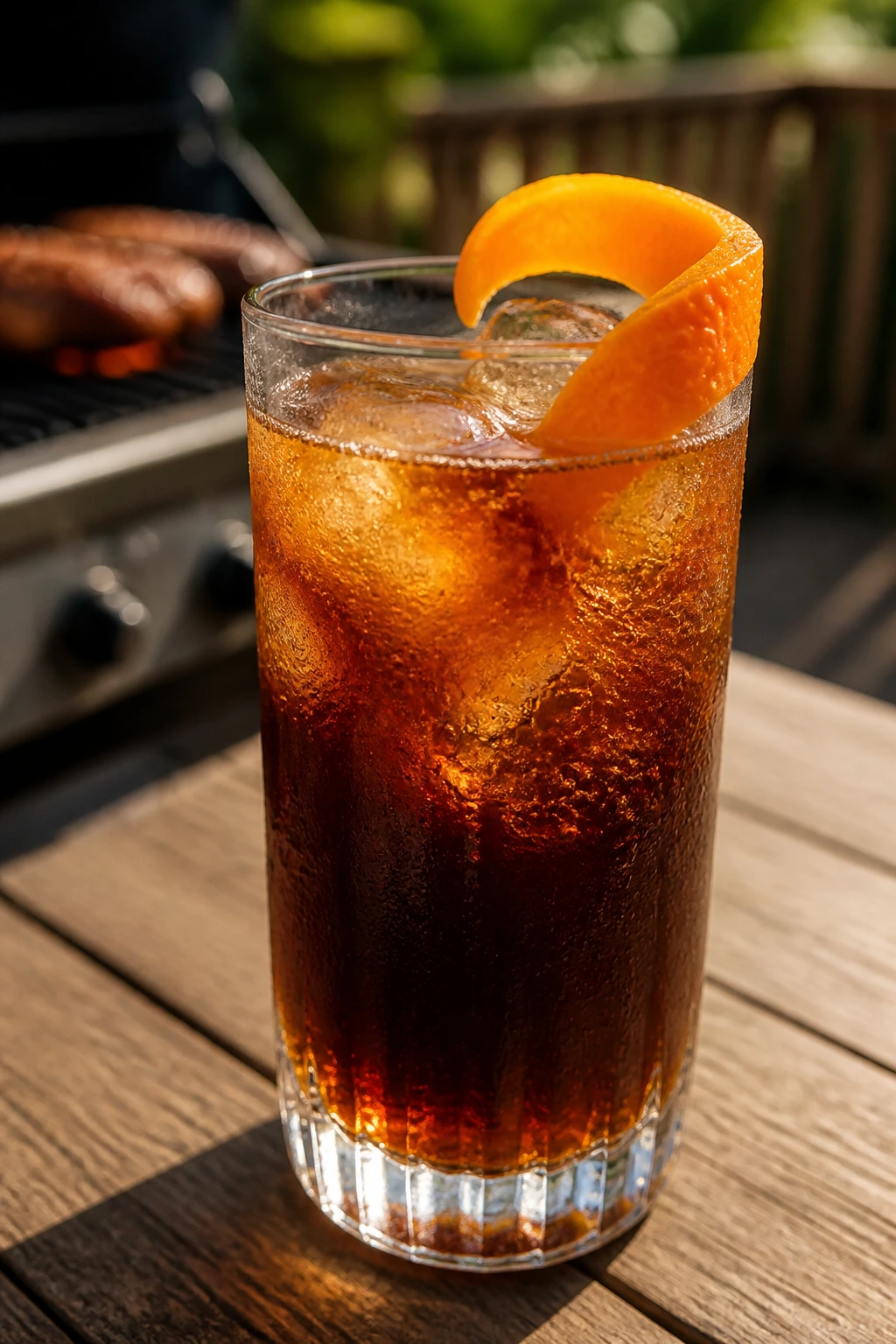 Close-up of Cold Brew Tonic with Orange Peel in a tall glass beside a grill