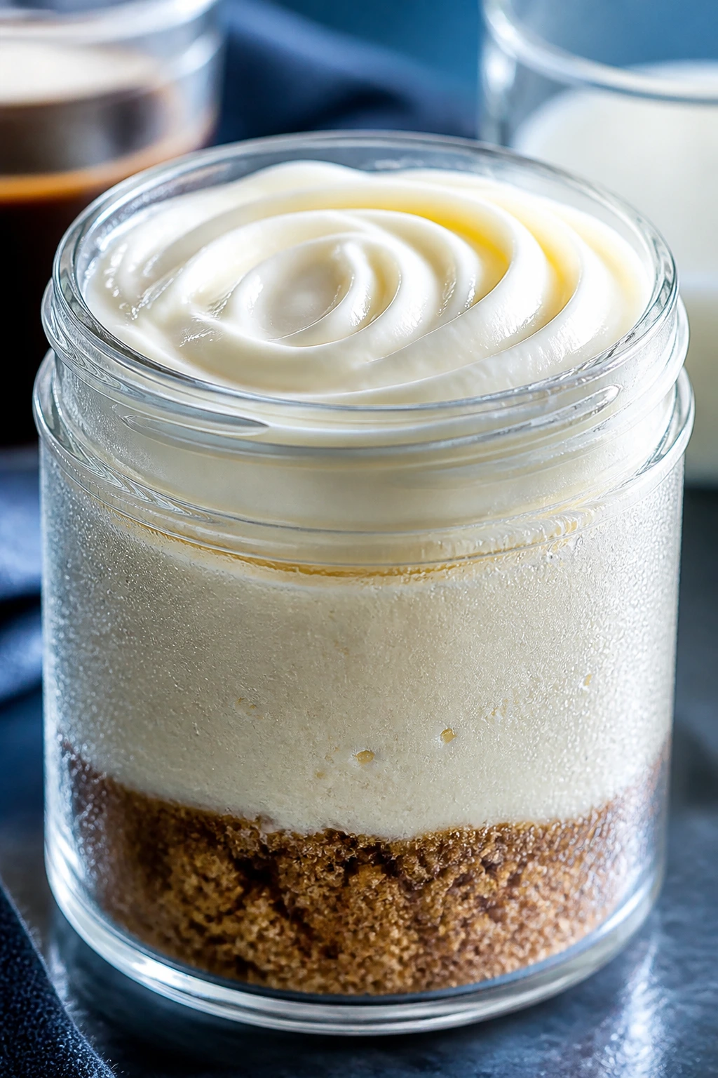 Condensed glass cheesecake jar ready to be served cold