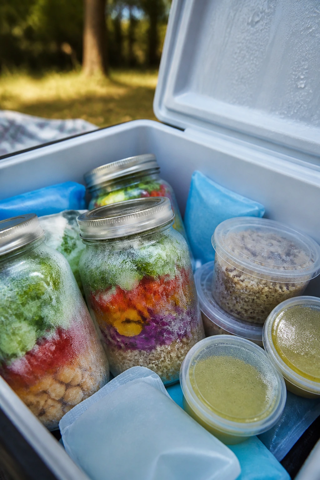 Cooler interior showing frosty jars and ice packs for cold vegan foods