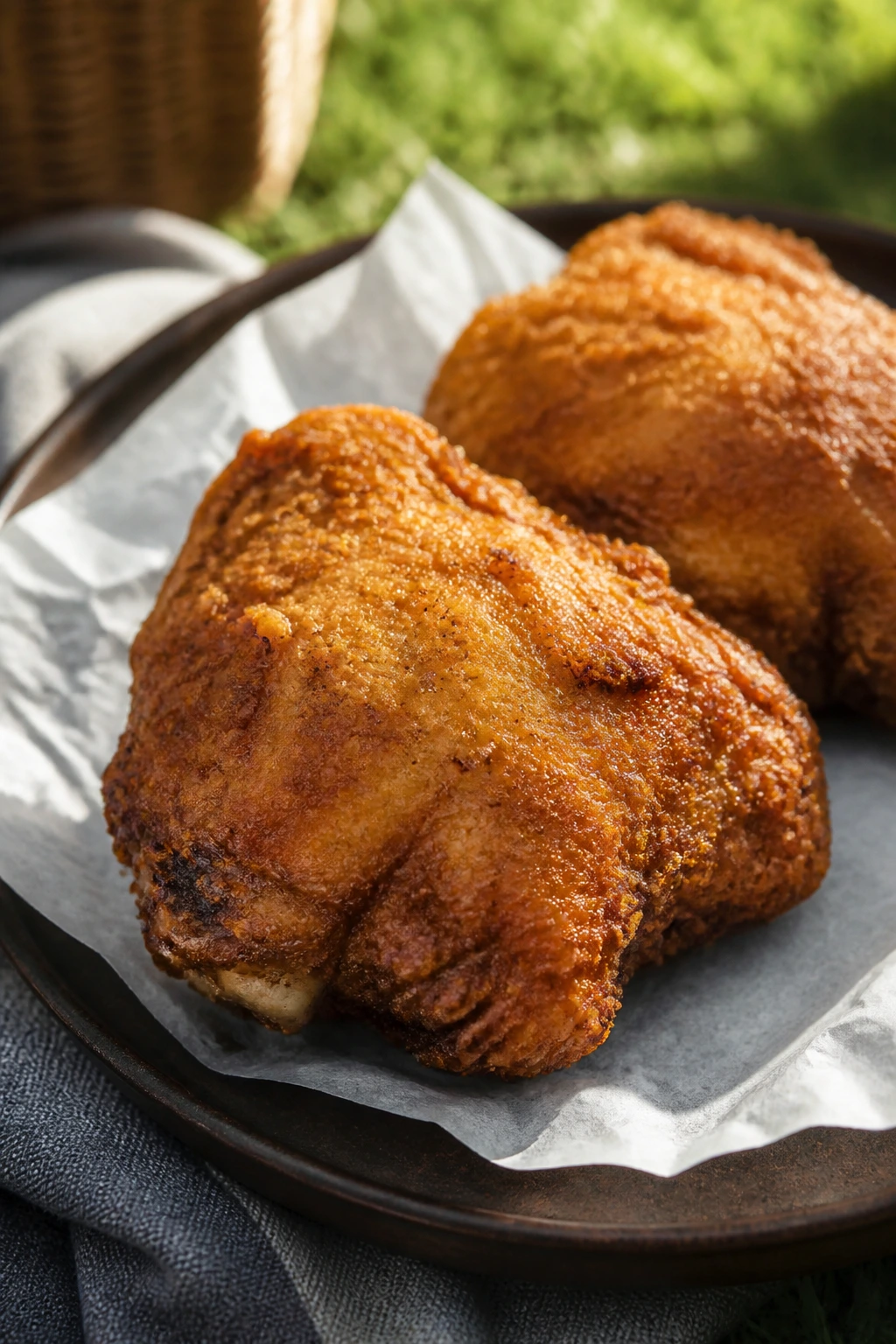 Close-up of crispy fried chicken thighs on parchment on a rustic plate