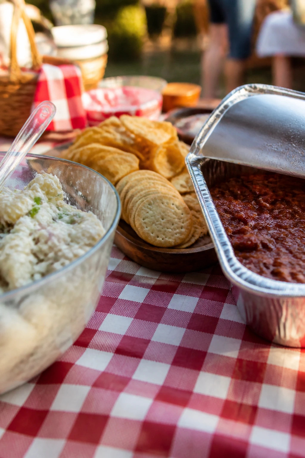 Three serving zones for cold, hot, and room-temperature dishes on a backyard table
