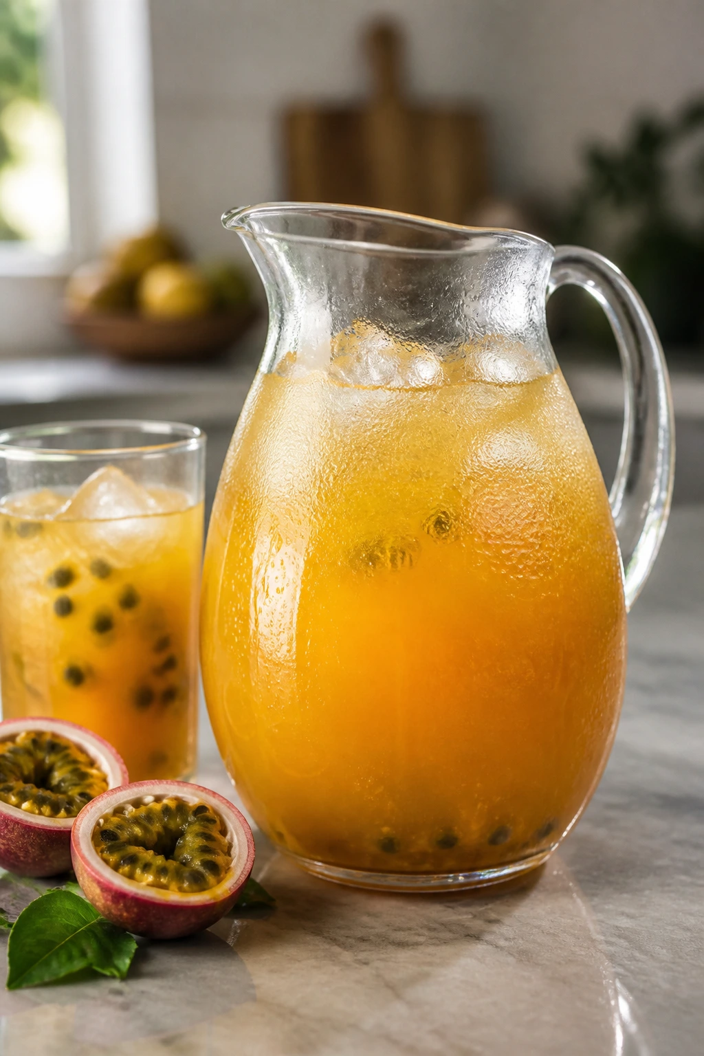 Cold pitcher of passion fruit juice with condensation