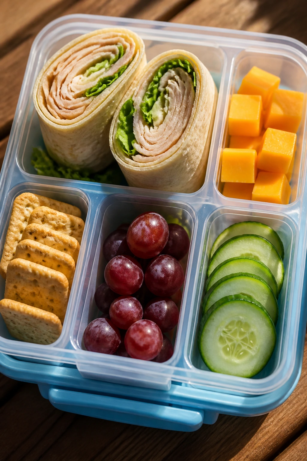 Cold lunch box with crisp wrap, cheese cubes, crackers, grapes, cucumber coins kept separate
