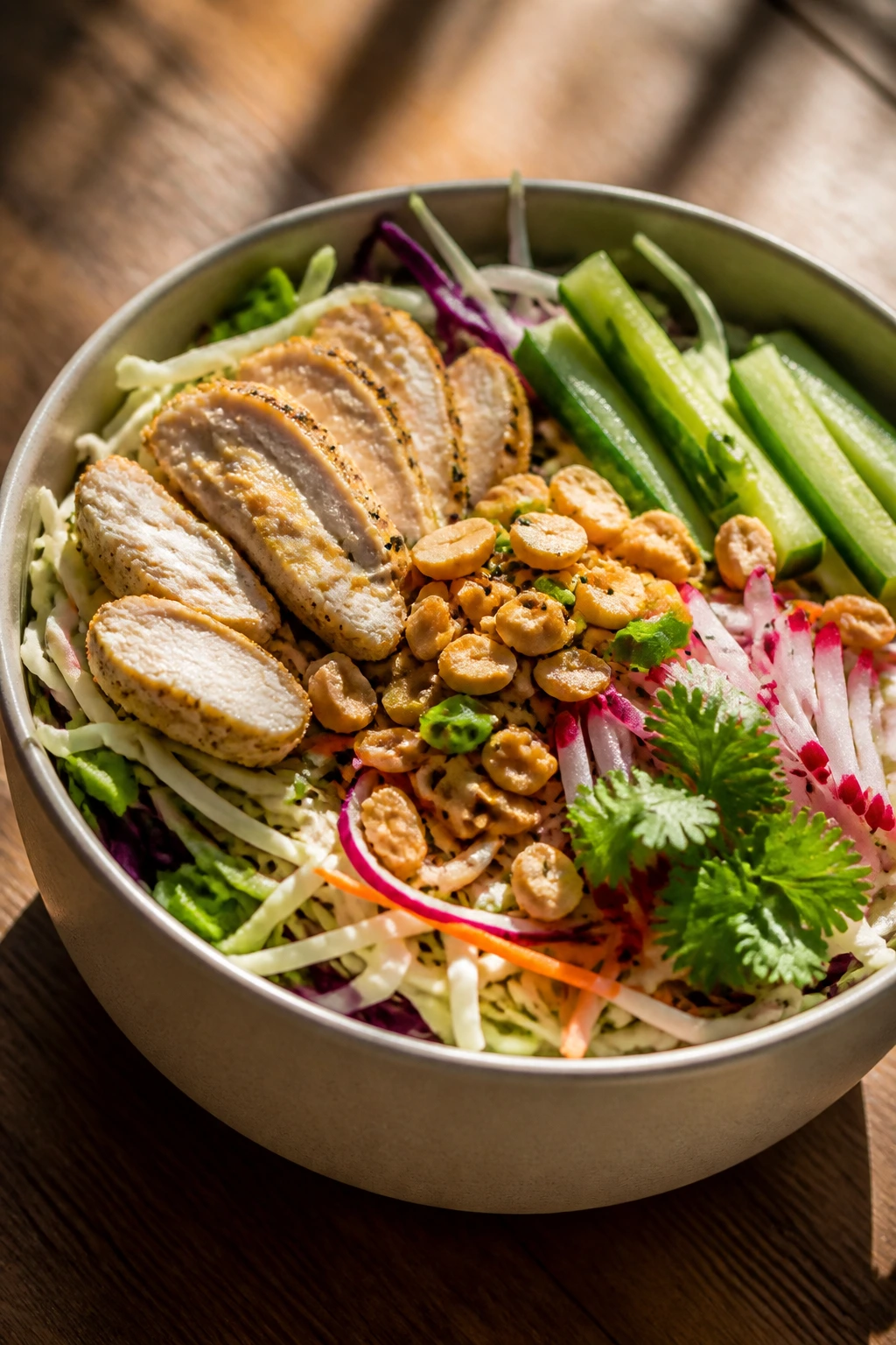 Structured cold lunch salad with base, protein, crunch, and brightness.