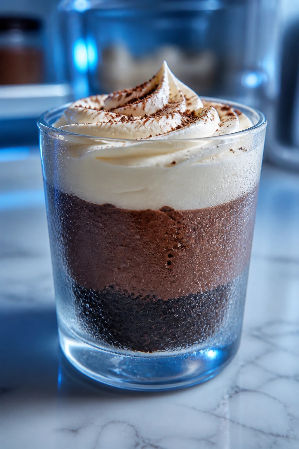 Chilled chocolate mousse cup with condensation