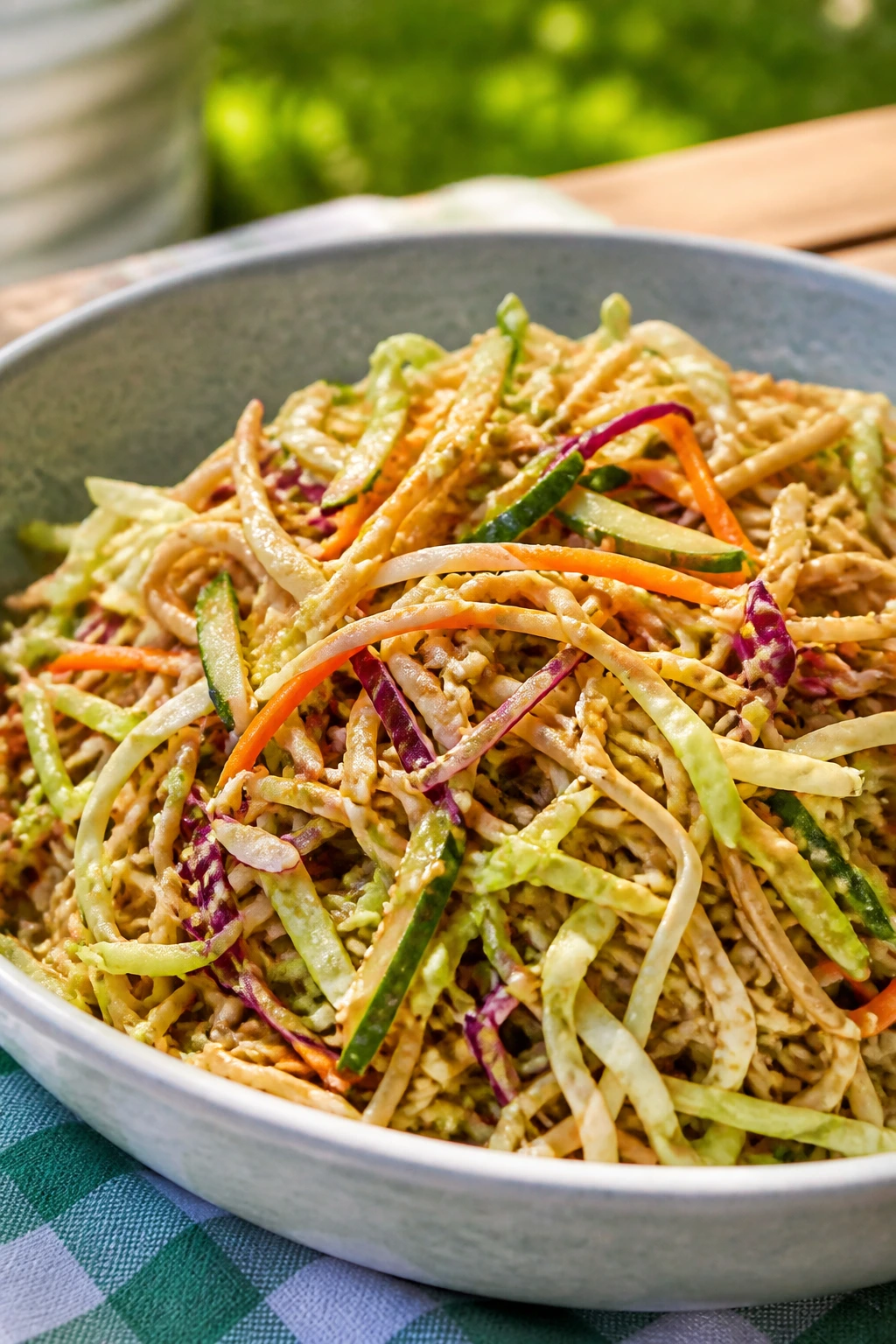 Bright bowl of cold sesame noodle salad with crunchy cabbage on a sunny picnic table.