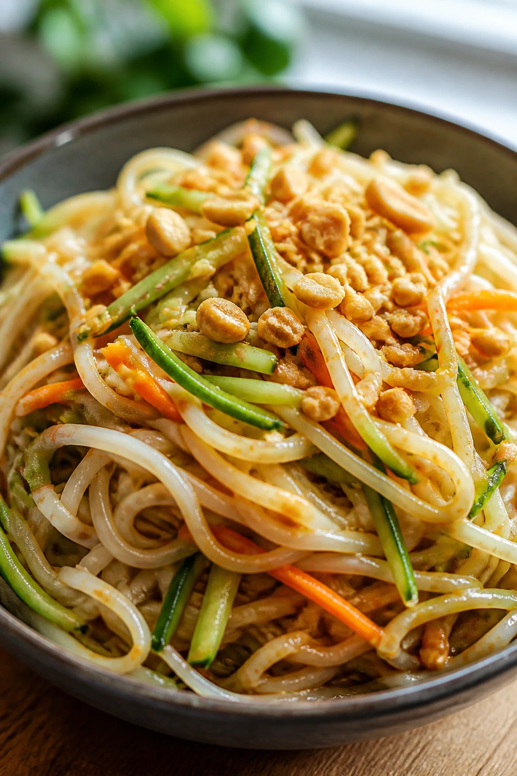Close-up of cold sesame peanut rice noodles with cucumber in a glossy bowl