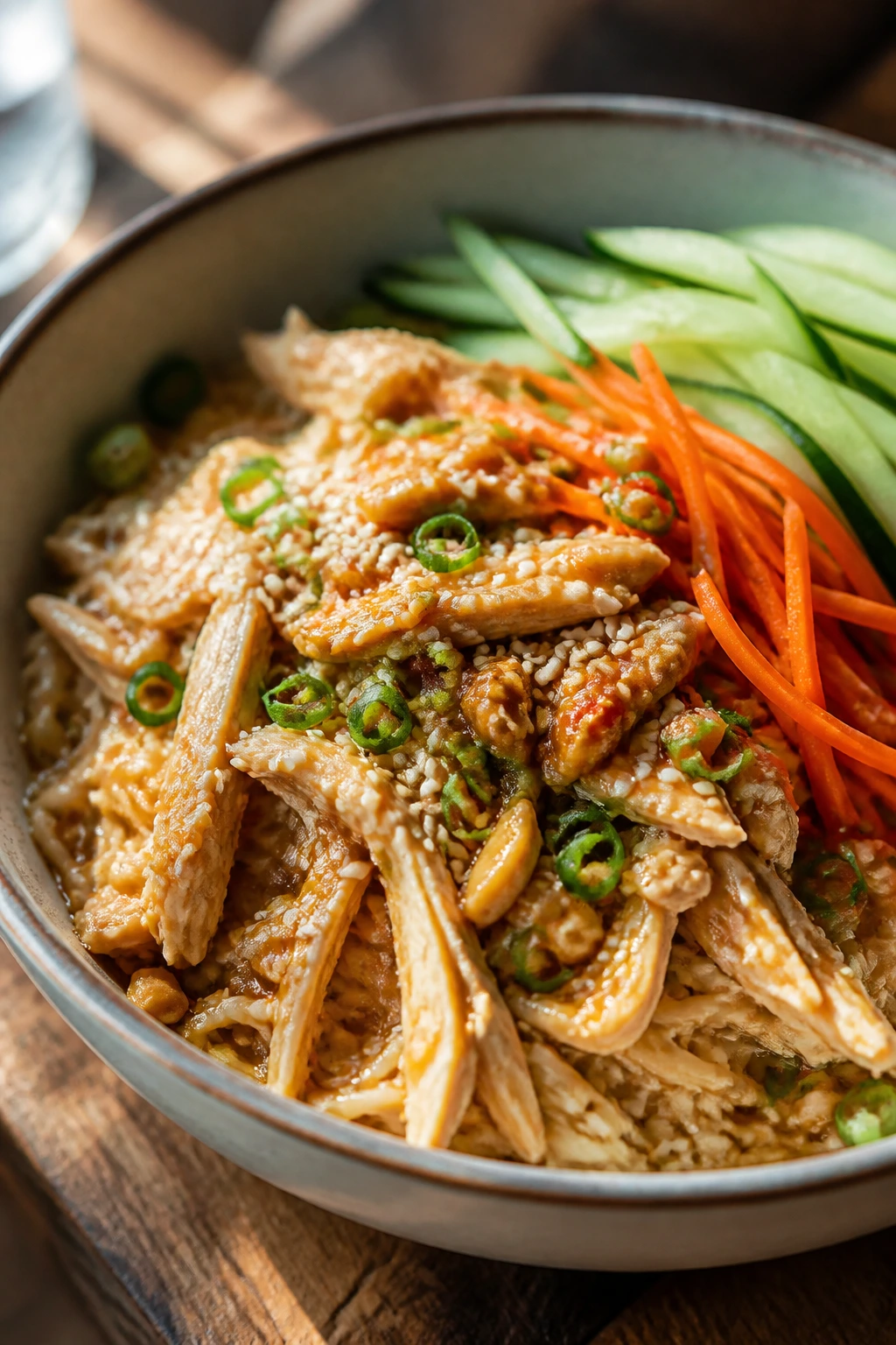Close-up of a cold sesame noodle bowl with chicken and vegetables
