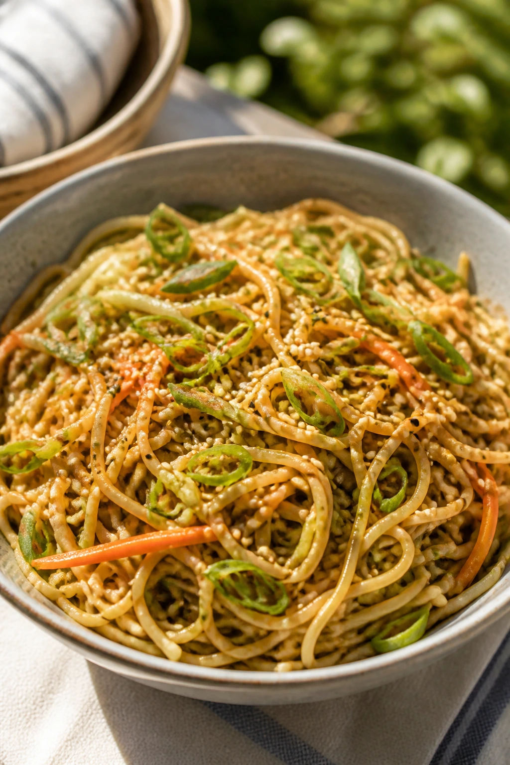 Close-up of Cold Sesame Noodle Salad in a glossy bowl at a sunlit picnic table