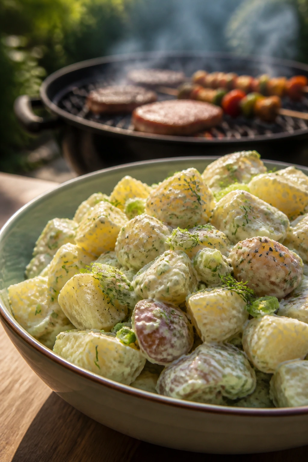 Close-up of potato salad with grill visible in the background