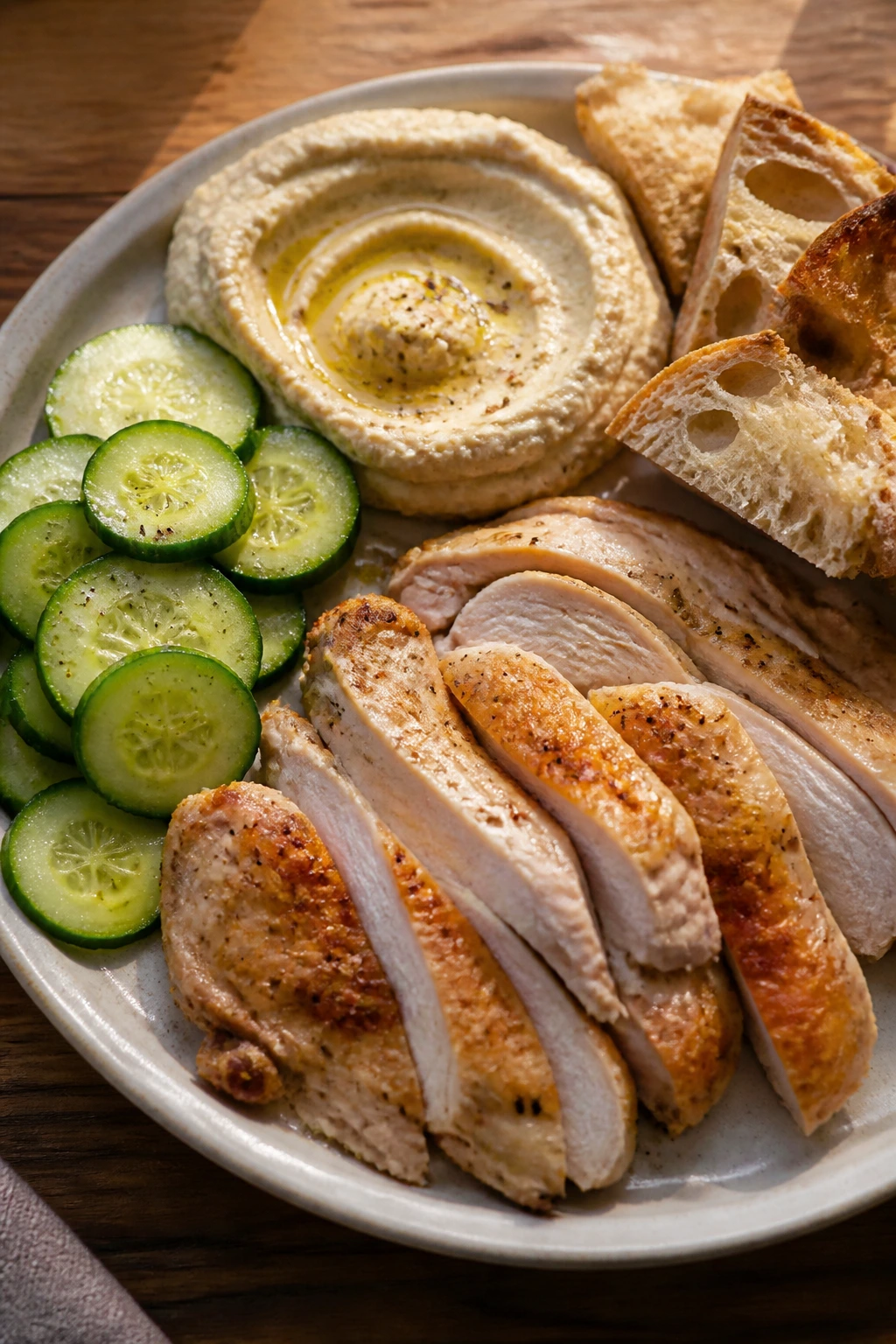 No-cook cold plate with chicken, cucumber, hummus, and bread on a plate
