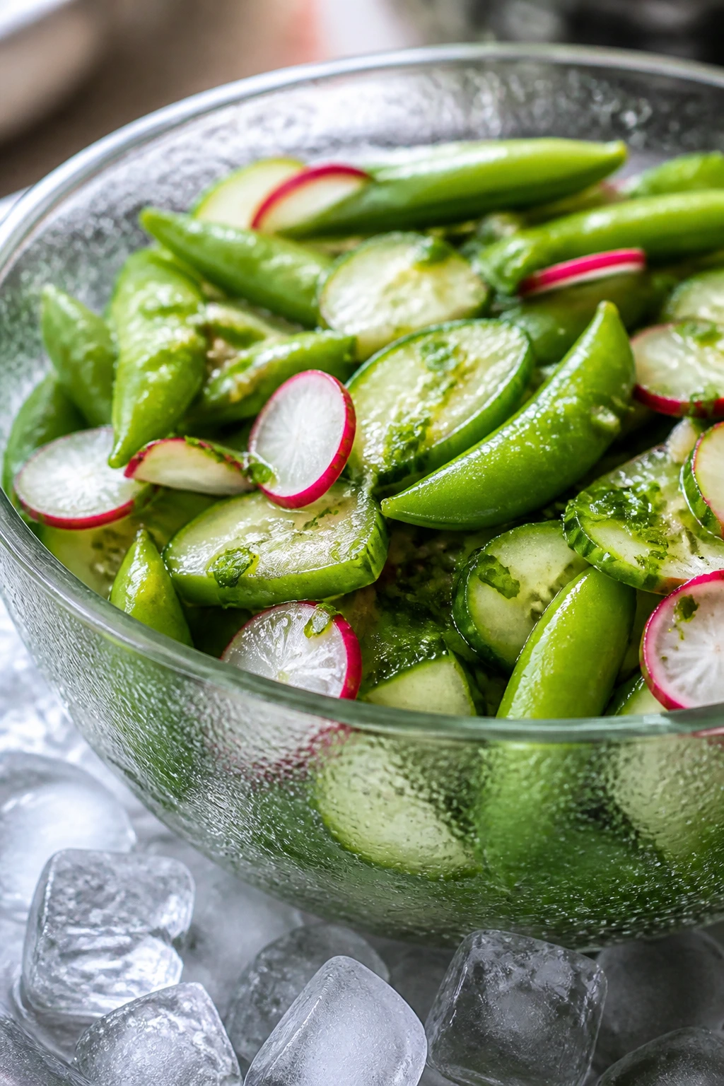 Chilled snap pea salad in a condensation-covered bowl