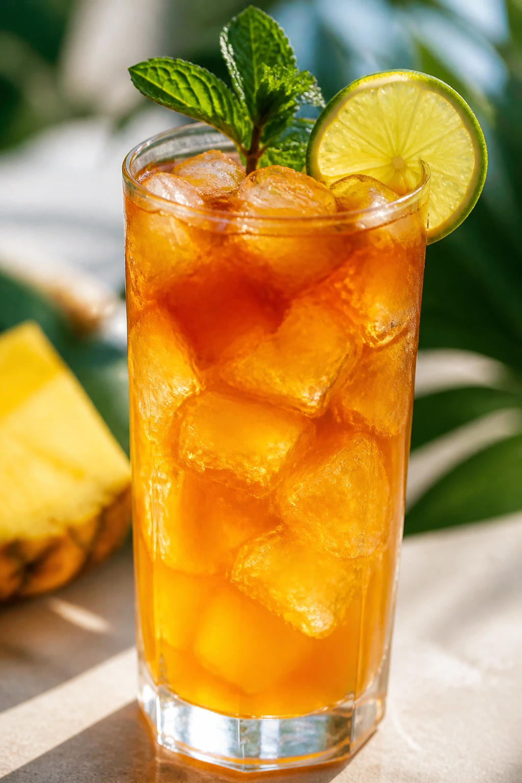 Tall glass of tropical iced tea with ice, mint, and lime