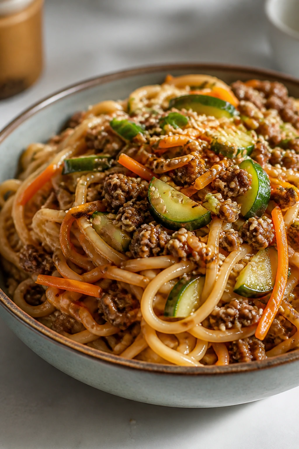 Close-up of cold sesame noodle beef bowl