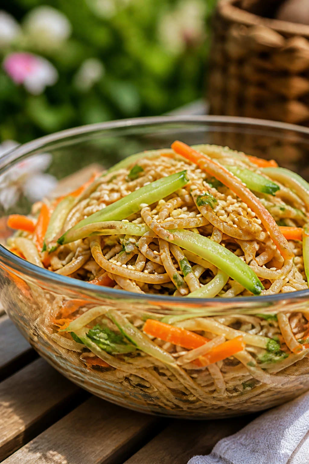 Close-up of cold sesame noodle salad in a glass bowl