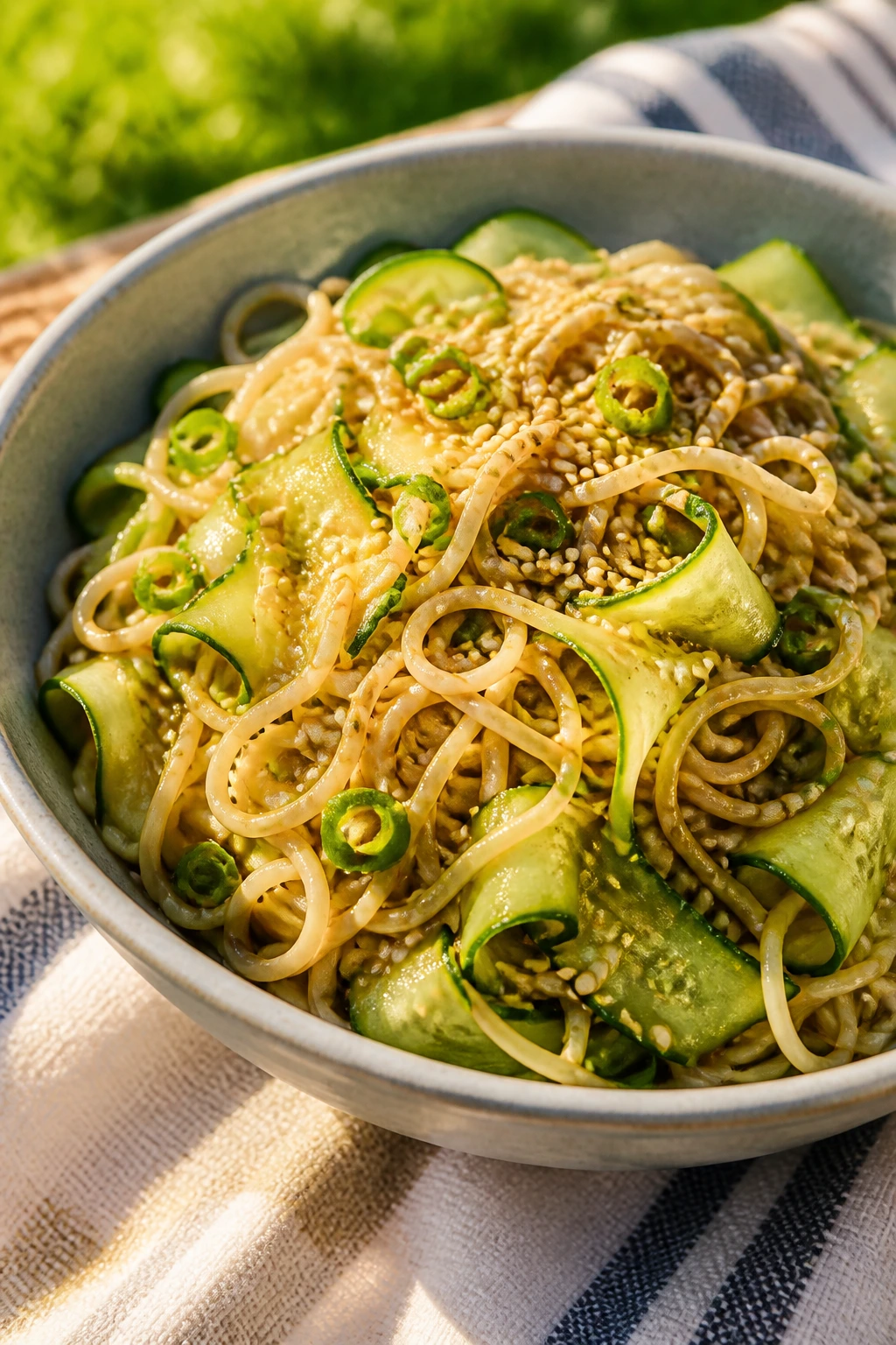 Close-up of cold sesame noodle salad in a bowl on a picnic table