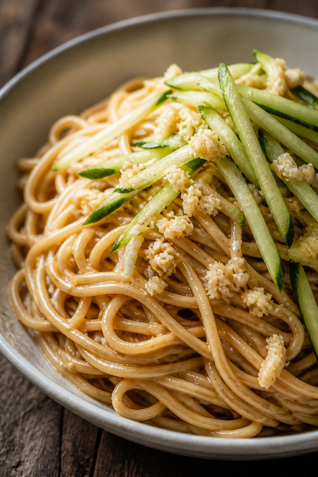 Cold sesame noodles with cucumber in a shallow bowl