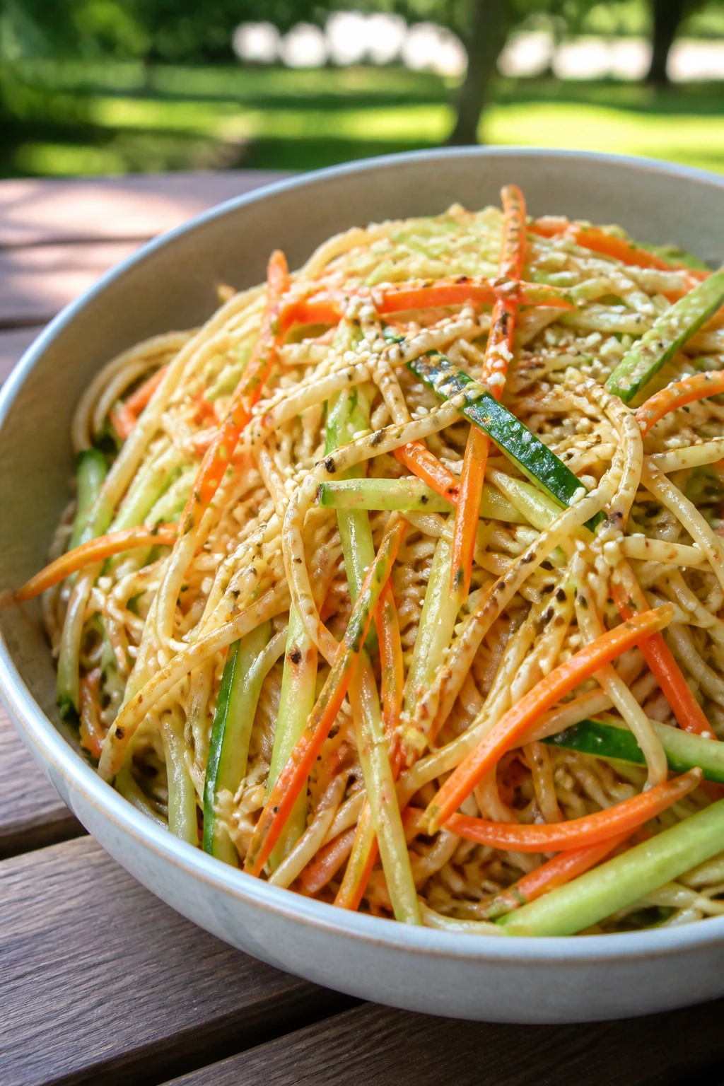 Close-up of cold sesame noodle salad in a bowl on a sunlit outdoor picnic table