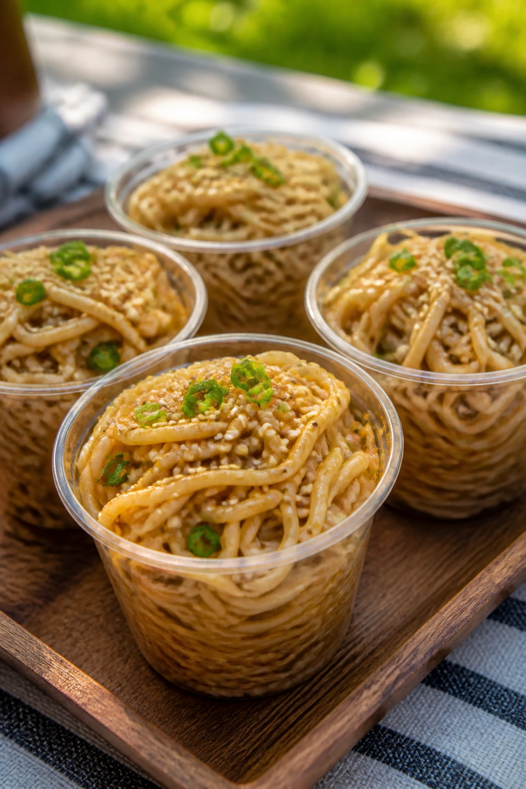 Close-up of sesame noodle cups on a picnic table