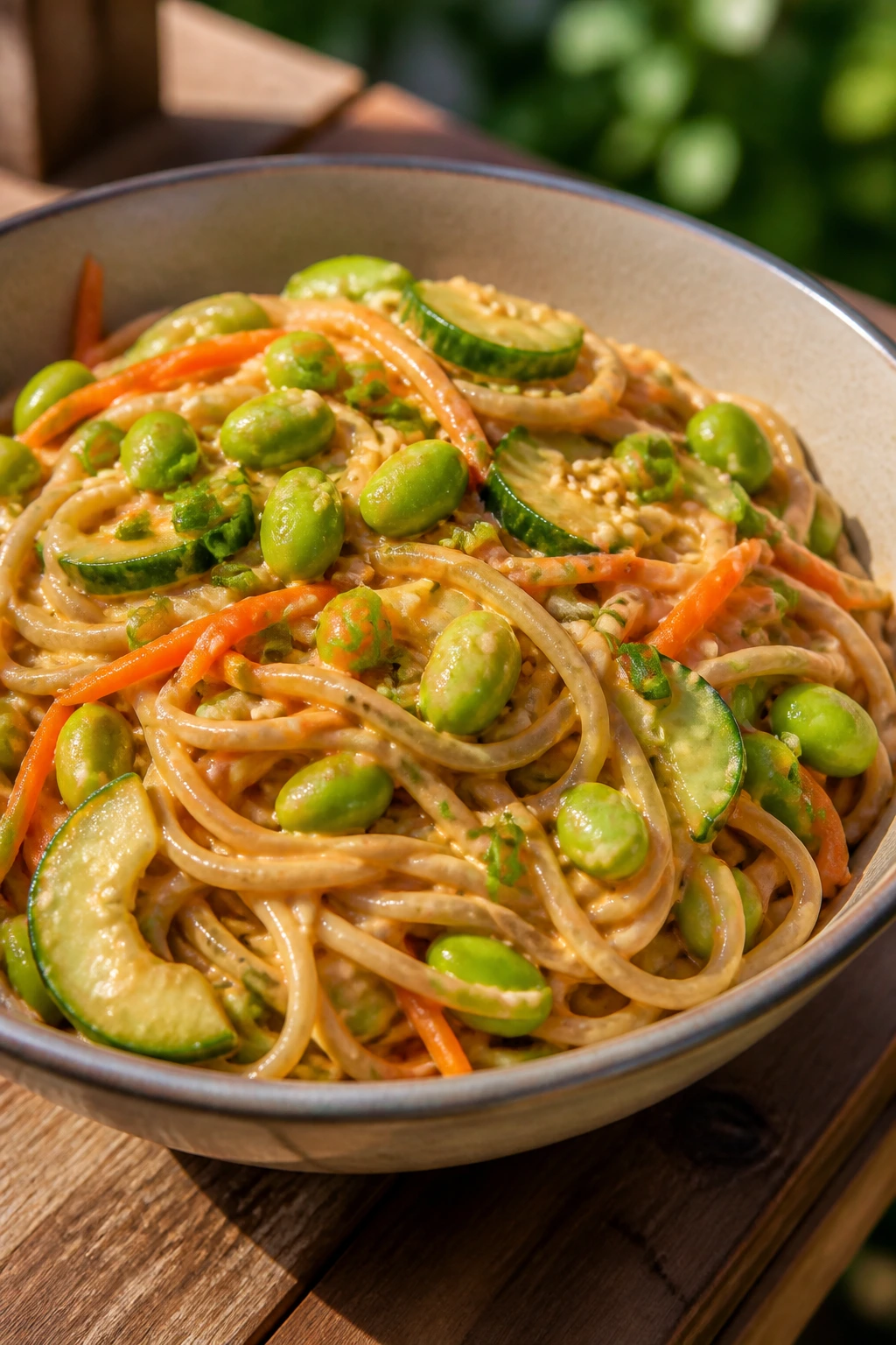 Noodles with edamame in sesame sauce in a bowl outdoors