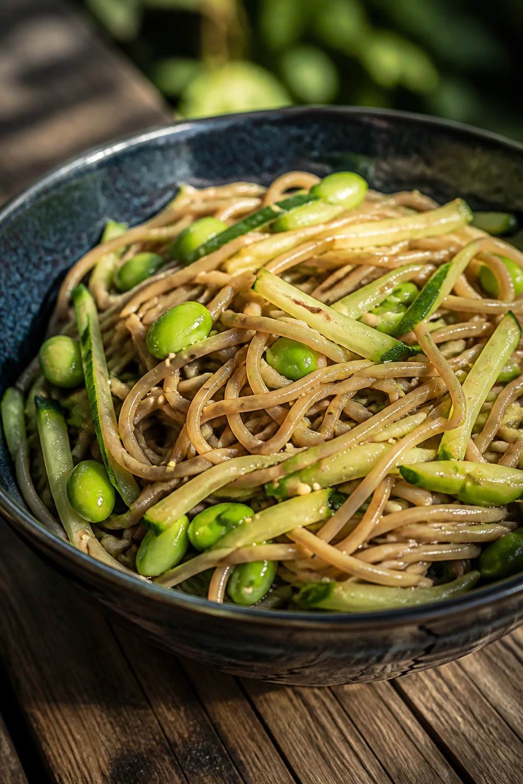 Close-up of cold sesame noodle salad with cucumber and edamame in a rustic bowl on a picnic table.