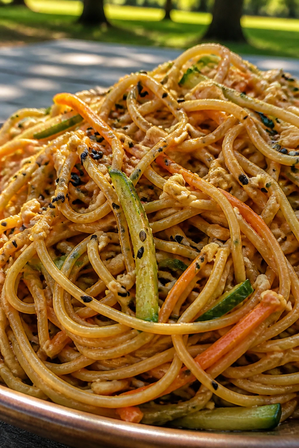 Close-up of cold sesame noodle salad with cucumber and carrot on a picnic setting